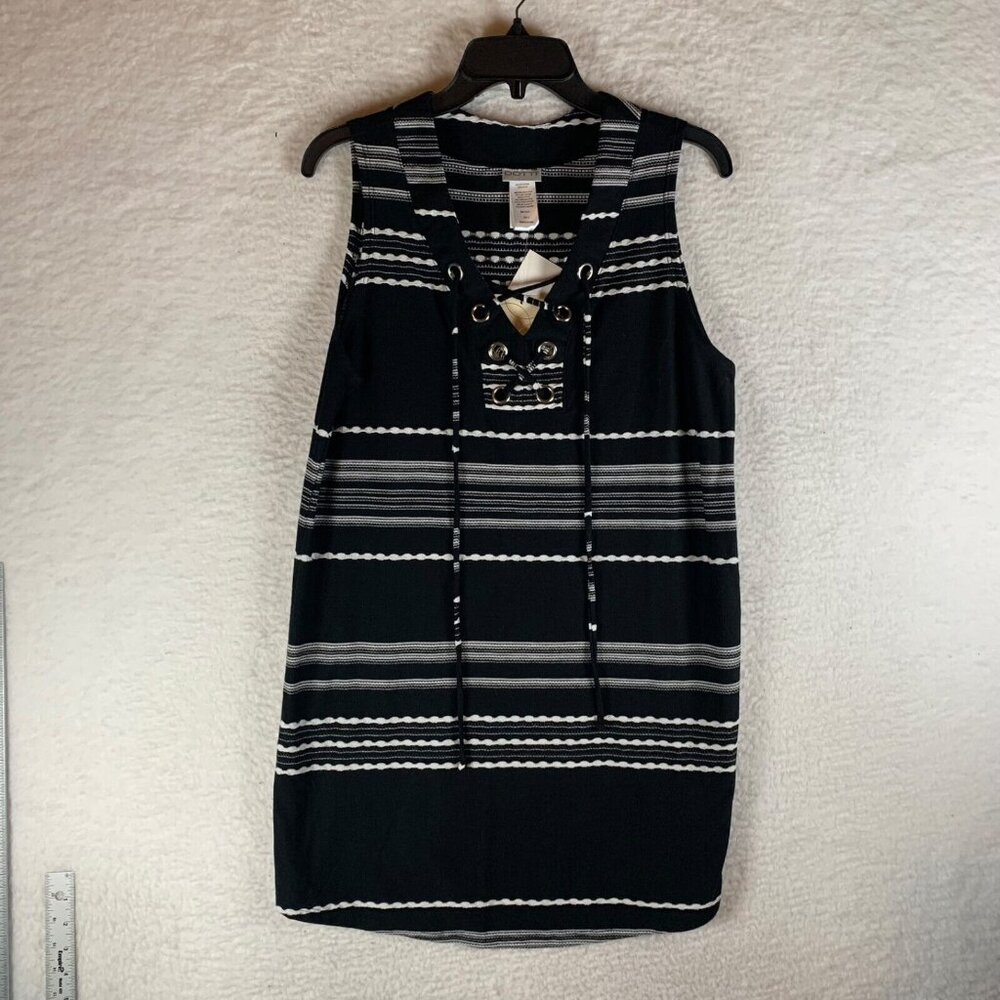 Dotti Women's V-Neck Lace Up Dahlia Stripe Black Swim Tank Cover Up Size S NWT‎